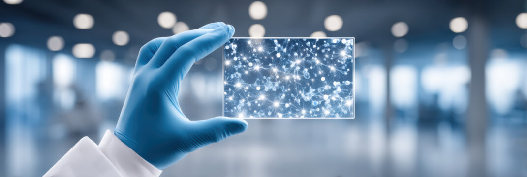 Hand in glove holds biotechnology glass slide displaying futuristic medical research - Powered by Adobe