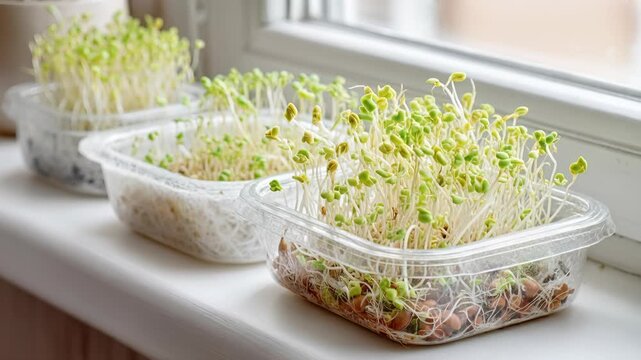 microgreens, Three transparent containers filled with young green sprouts on windowsill, promoting growth and renewal, calm, freshness, new beginnings, springtime., themes: life, growth, nature, seren