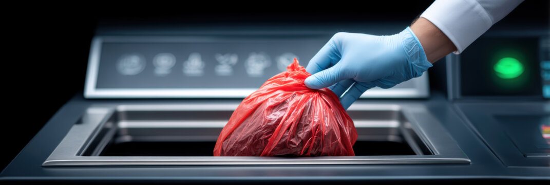 Scientist carefully loading red biohazard bag into sterile biotechnology autoclave