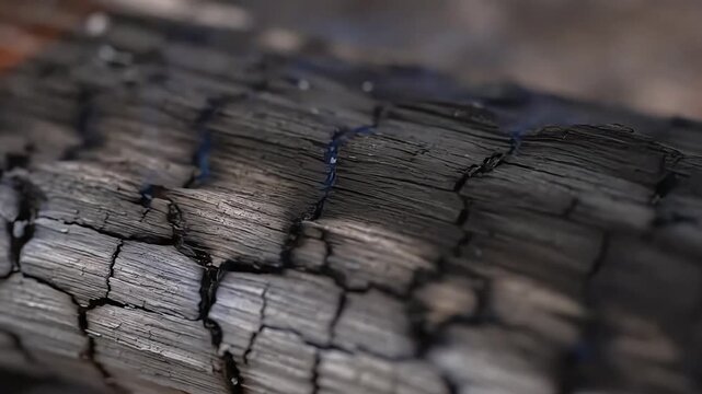 A macro photograph captures the raw, intricate texture of deeply burned wood, showcasing the fascinating patterns and cracks formed by fire, revealing a rich tapestry of charcoal and ash
