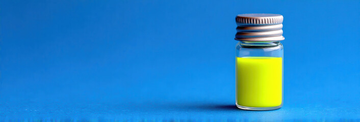 Glass vial with bright yellow liquid showing biotechnology research concept on blue background
