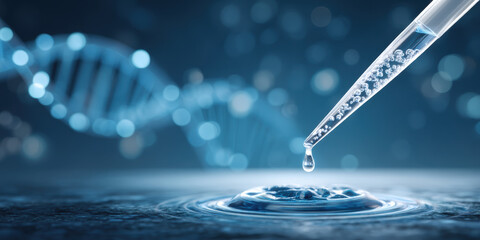 Innovative biotechnology research with pipette drop and abstract blue dna helix