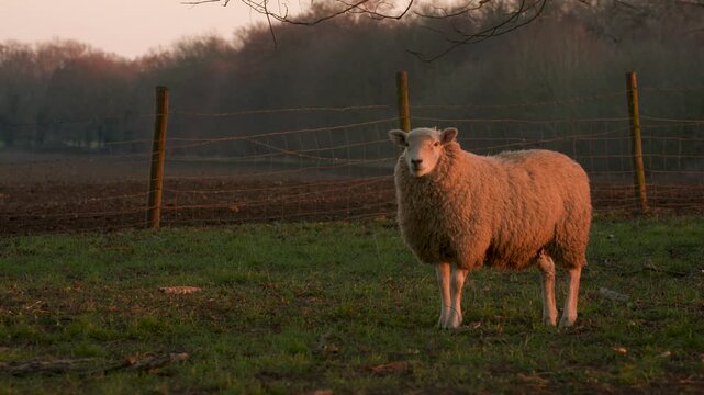 4K video clip of a sheep standing in a field with a fence on a farm at sunset or sunrise