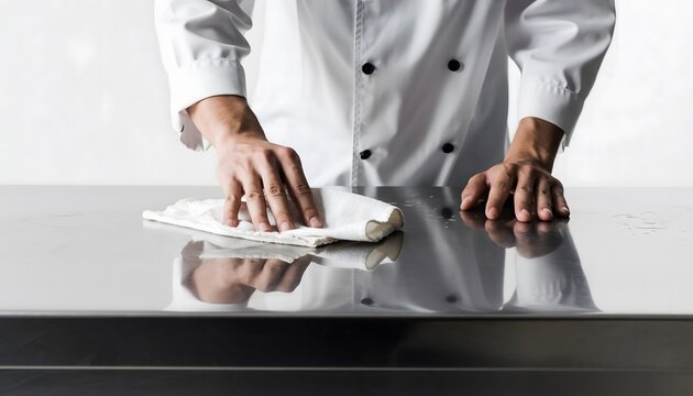 Chef cleaning stainless steel counter with white cloth, professional kitchen hygiene
