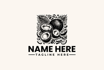 A black and white illustration of a coconut logo with tropical leaves and a placeholder name and tagline on a clean white background.