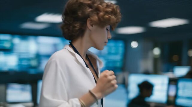 A journalist rushing into a buzzing newsroom, press badge swaying as they review breaking headlines on multiple monitors &mdash; fast-paced media environment, live news production, and real-time
