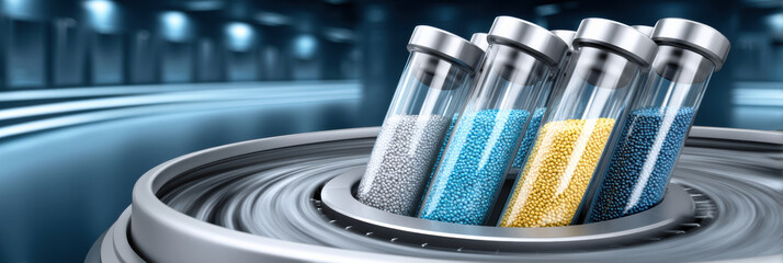 Futuristic biotechnology laboratory features spinning glass vials of colorful medical fluid