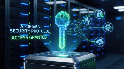 AI driven security protocol with holographic key and server room background artificial intelligence