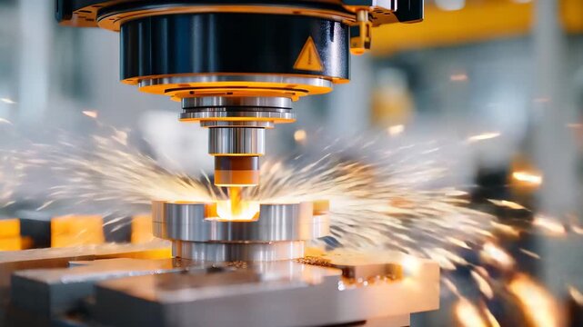 A metalworker using a CNC machine to mill complex components, digital displays glowing as sharp tools carve precise patterns &mdash; advanced metal engineering, automated fabrication, and tech-driven