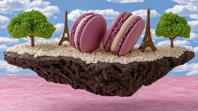 Two pink macarons sit on a floating dessert island surrounded by miniature Eiffel Towers and trees. Whimsical pastry art concept.