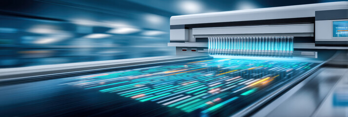 Futuristic digital printer processing biotechnology circuit technology with fast blue light