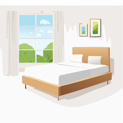 Cozy Bedroom Interior With A Queen Size Bed By The Window Showing Green Trees And Blue Sky Cozy Natural Light Fills The Room With Minimalist Decor Two Framed Art Pieces On Wall