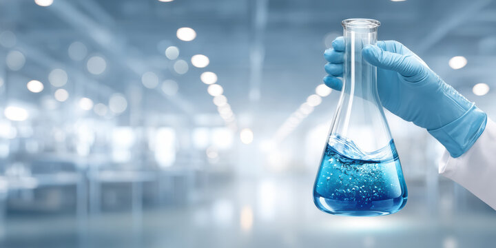 Scientist hand holding glass flask in biotechnology laboratory for medical research