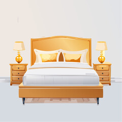 Warm And Inviting Bedroom Interior With A Large Wooden Bed And Two Nightstands Featuring Lamps And Soft Yellow Pillows Lit By Gentle Light Creating A Cozy Ambiance