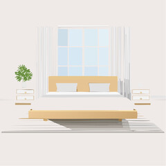 Serene Bedroom Scene with a Light Wood Platform Bed Dressed in White Linens Flanked by Matching Nightstands with Plants and Curtains Framing a Large Window with Blue Sky Outside, Bright Natural Light