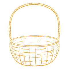 Wicker Basket Hand Drawn Illustration. Picnic Wicker Basket Vector Line Art. Rustic Woven Basket Illustration