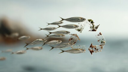 school of fish forming recycling symbol, faint debris floating around, hopeful climate-forward tone