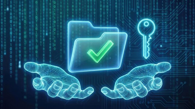 Digital Folder with Checkmark and Key Protected by Wireframe Hands and Binary Code data security - Powered by Adobe