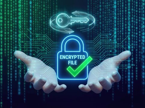 Encrypted file protection with padlock key and hands against binary code and circuits data security digital protection - Powered by Adobe