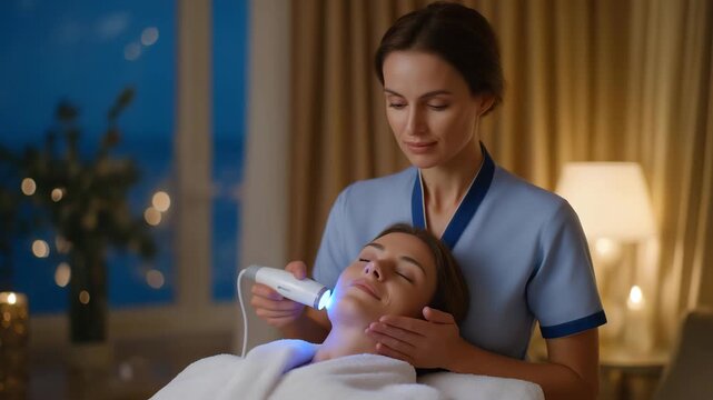 A spa therapist holding a handheld LED therapy wand, gently gliding it across a client&rsquo;s cheeks while soft ambient lighting sets a peaceful mood &mdash; targeted LED treatment, micro-area therapy, and
