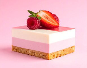 Three-layered pink and white dessert, garnished with berries