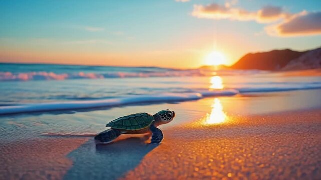 Tiny baby sea turtle ventures towards the ocean at a breathtaking sunset on a tropical beach, symbolizing hope and new beginnings