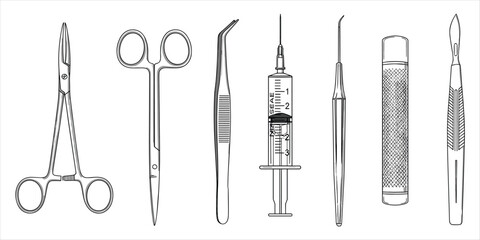 Surgical Instruments and Medical Tools Collection on White Background Keywords: surgical instruments, medical tools, healthcare
