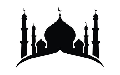 Mosque silhouette at dusk with crescent-topped domes © MstShikha