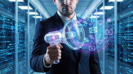 Man in suit with holographic megaphone and digital marketing icons in server room
