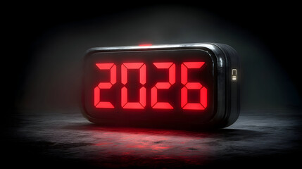 Bold Red Digital 2026 Display on Dark Reflective Surface, Futuristic New Year Countdown