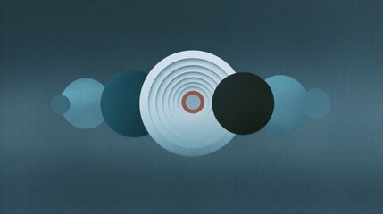 Abstract design featuring concentric circles and spheres on a textured blue background for modern art, design, and creative concepts