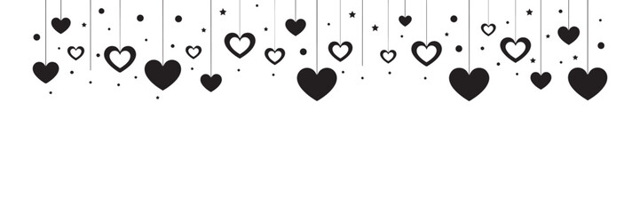 Black hanging hearts and stars on white background for Valentine's Day