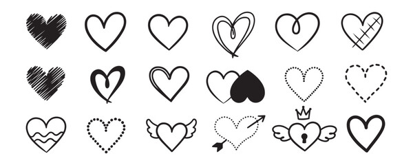 Variety of hand drawn heart icons and symbols