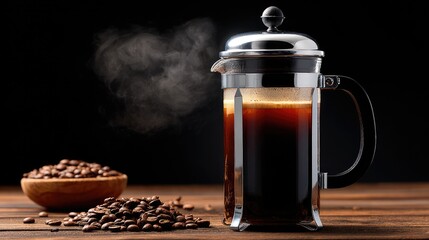 French press coffee with roasted beans on wooden surface