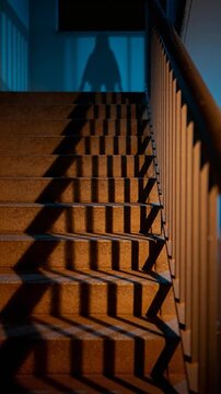Eerie human silhouette cast on concrete stairs with railing creating horror and suspense atmosphere.
