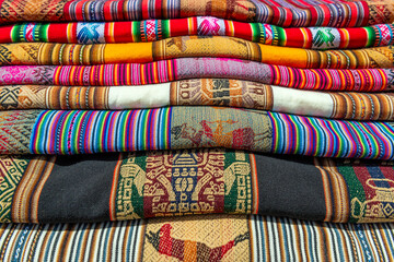 Traditional handmade Andes fabrics, Otavalo Market, Ecuador.