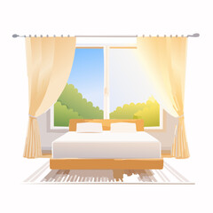Bright Bedroom Scene With A Large Window Revealing Lush Green Trees And Blue Sky Sunlight Streams Through Sheer Curtains Illuminating A Comfortable Bed With White Linens And A Wooden Frame On A
