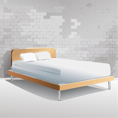 A Minimalist Wooden Bed with White Linens and Two Pillows Set Against a Textured Grey Brick Wall in a Studio Setting with Soft Natural Light Casting Shadows on the Floor