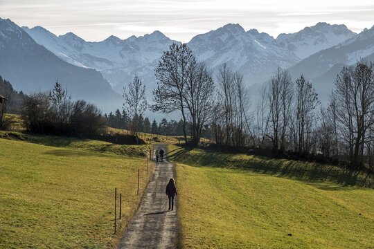 Hikers near Reichenbach, behind mountains of the Allg&auml;u Alps, near Oberstdorf, Oberallg&auml;u, Allg&auml;u, Bavaria, Germany