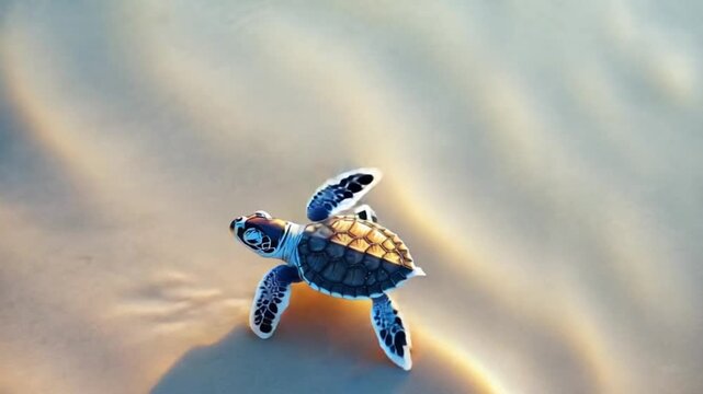 Overhead view of a tiny baby sea turtle swimming in shallow, sun-dappled water over a sandy seabed