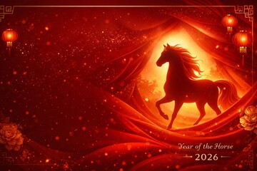 Elegant Year of the Horse 2026 Chinese Lunar New Year Background with Silhouette Horse and Lanterns