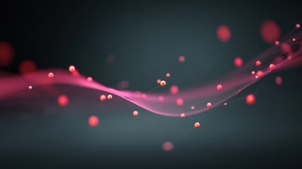 Abstract flowing waves with glowing spheres in red and pink colors on a dark background, creating a sense of motion and energy for modern digital design