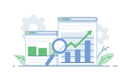 Obraz premium A detailed illustration of website analytics and seo performance showing data analysis blocks with graphs and a magnifying glass on a clean