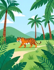 Tiger in a lush tropical landscape