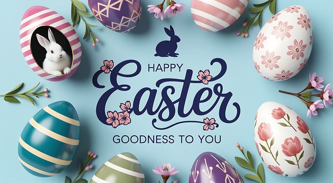 Easter eggs and bunny on light blue background with floral patterns and stripes - Powered by Adobe
