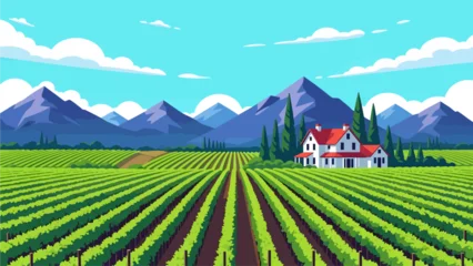 Fototapeten Türkis Vibrant flat vector landscape featuring lush green vineyard rows leading to a white farmhouse with a red roof, set against majestic purple mountains and a sunny blue sky with fluffy white clouds  © Skyframe