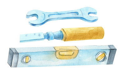 Hand painted watercolor set of woodworking tools including chisel, file, wrench and level. Isolated carpentry hand tools on white background, suitable for DIY projects, woodworking workshops