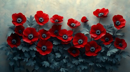 Numerous red anemone flowers with dark green foliage stand tall on a textured surface