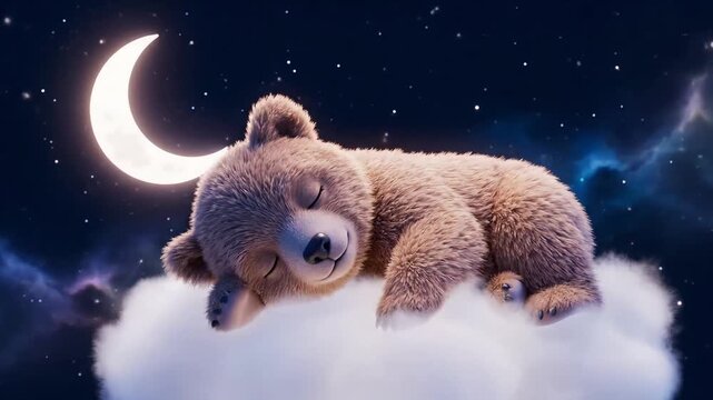 A cute, fluffy teddy bear peacefully slumbering on a soft white cloud under a starry night sky with a glowing crescent moon, symbolizing sweet dreams and tranquility