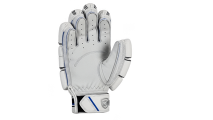 Premium white cricket batting glove with reinforced finger padding, perforated ventilation and secure wrist strap, offering lightweight comfort, grip and high impact protection for batters


